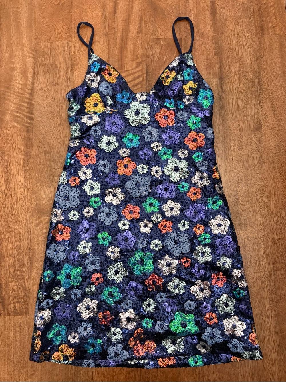 (NEW) Hello Molly Women’s Navy Blue Multicolor Sequin Floral Mini Dress